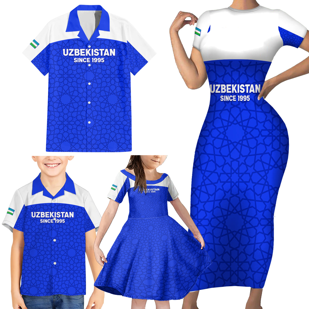 Custom Uzbekistan Football Family Matching Short Sleeve Bodycon Dress and Hawaiian Shirt 2024 Go Champions Uzbek Pattern - Wonder Print Shop