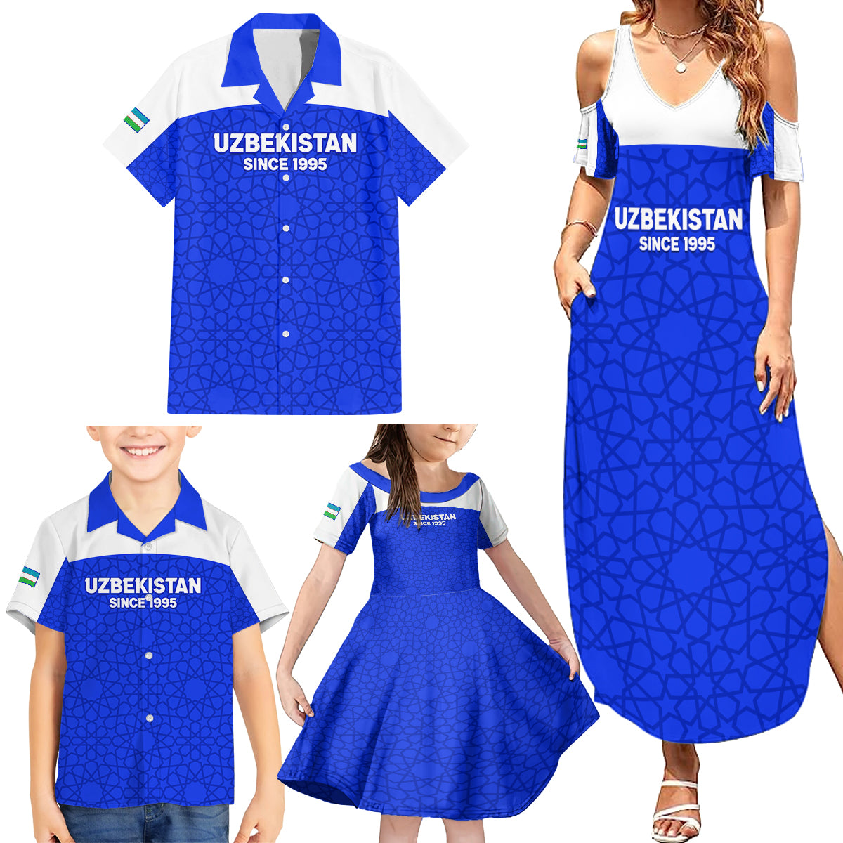 Custom Uzbekistan Football Family Matching Summer Maxi Dress and Hawaiian Shirt 2024 Go Champions Uzbek Pattern - Wonder Print Shop