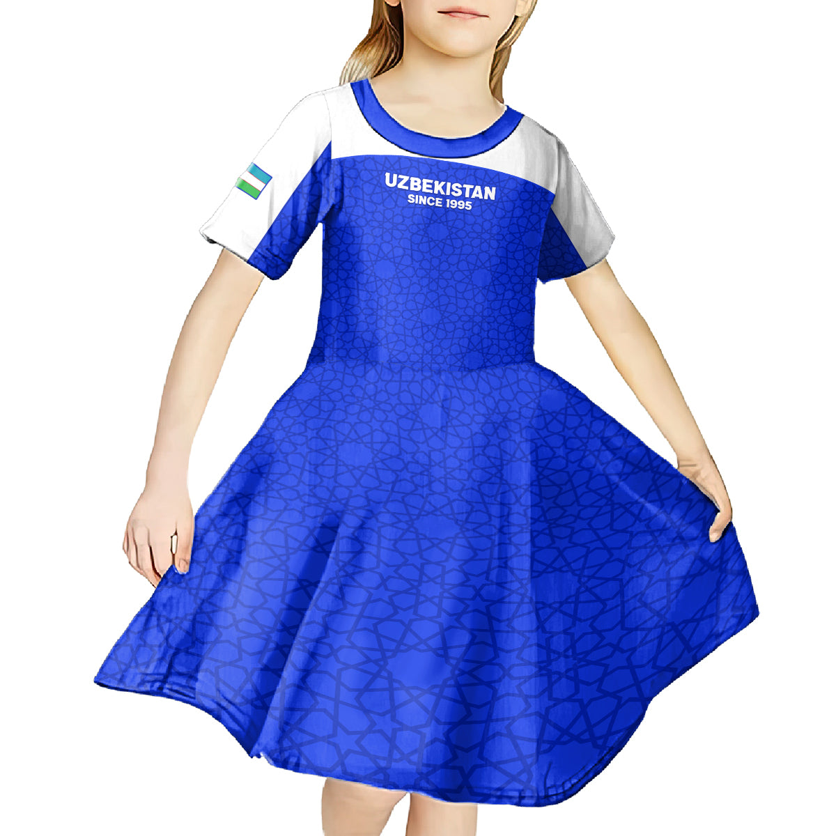 Custom Uzbekistan Football Kid Short Sleeve Dress 2024 Go Champions Uzbek Pattern - Wonder Print Shop