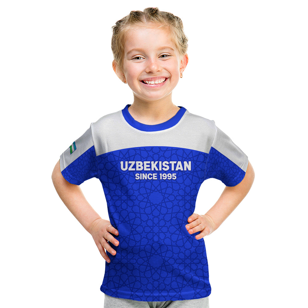 Custom Uzbekistan Football Kid T Shirt 2024 Go Champions Uzbek Pattern - Wonder Print Shop