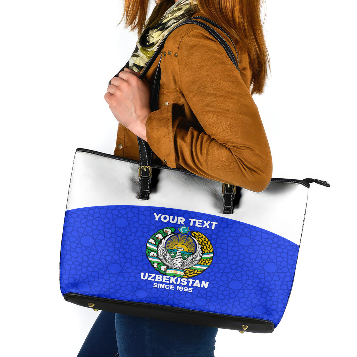 Custom Uzbekistan Football Leather Tote Bag 2024 Go Champions Uzbek Pattern - Wonder Print Shop