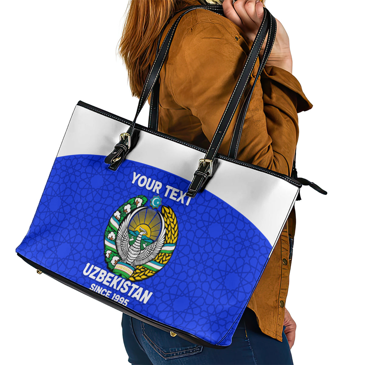 Custom Uzbekistan Football Leather Tote Bag 2024 Go Champions Uzbek Pattern - Wonder Print Shop