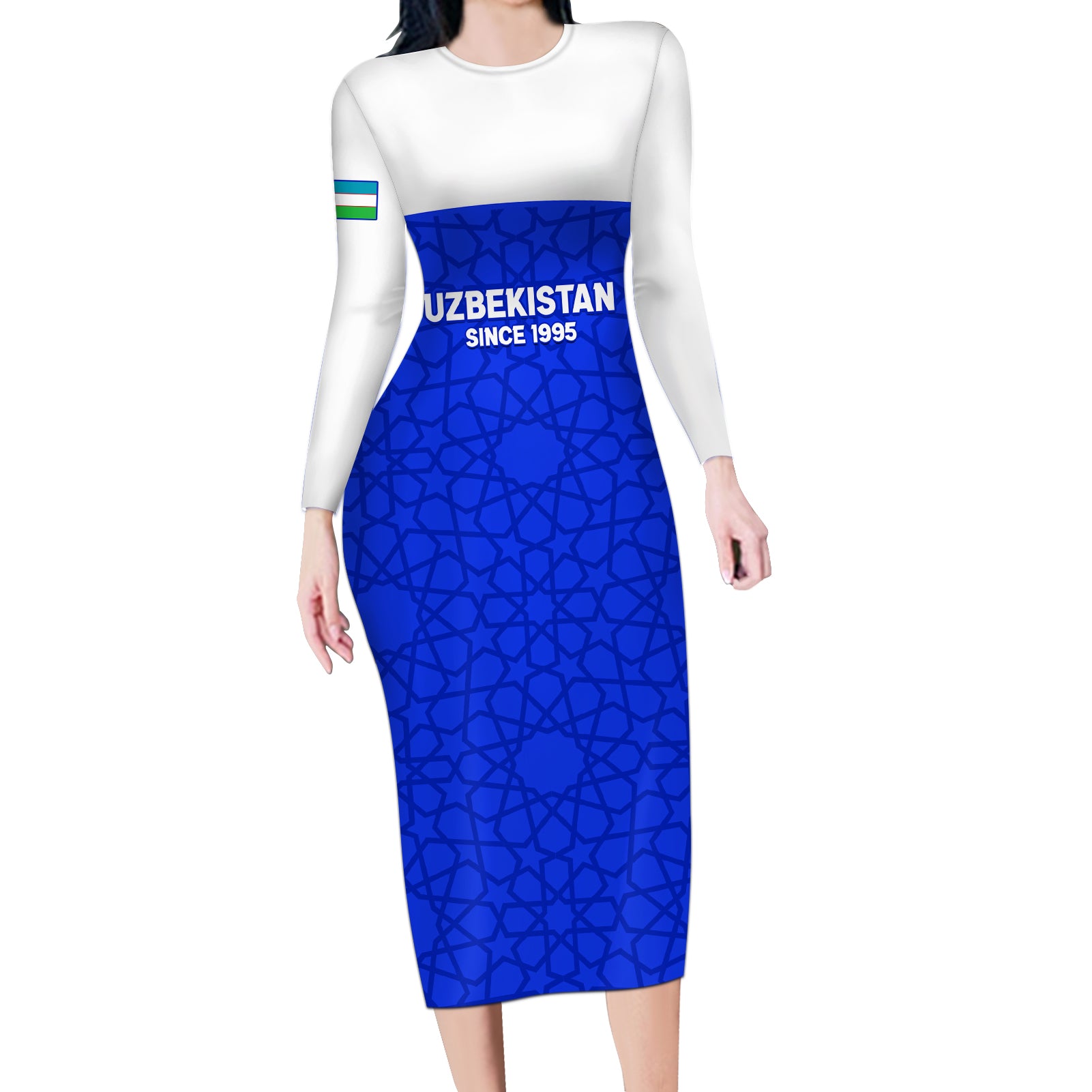 Custom Uzbekistan Football Long Sleeve Bodycon Dress 2024 Go Champions Uzbek Pattern - Wonder Print Shop