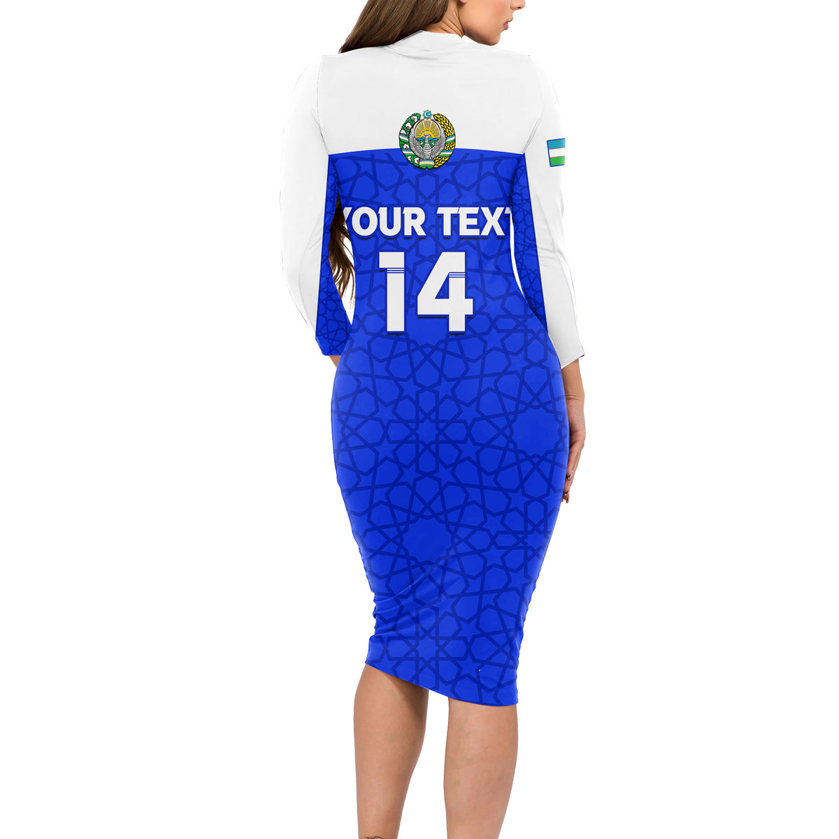 Custom Uzbekistan Football Long Sleeve Bodycon Dress 2024 Go Champions Uzbek Pattern - Wonder Print Shop