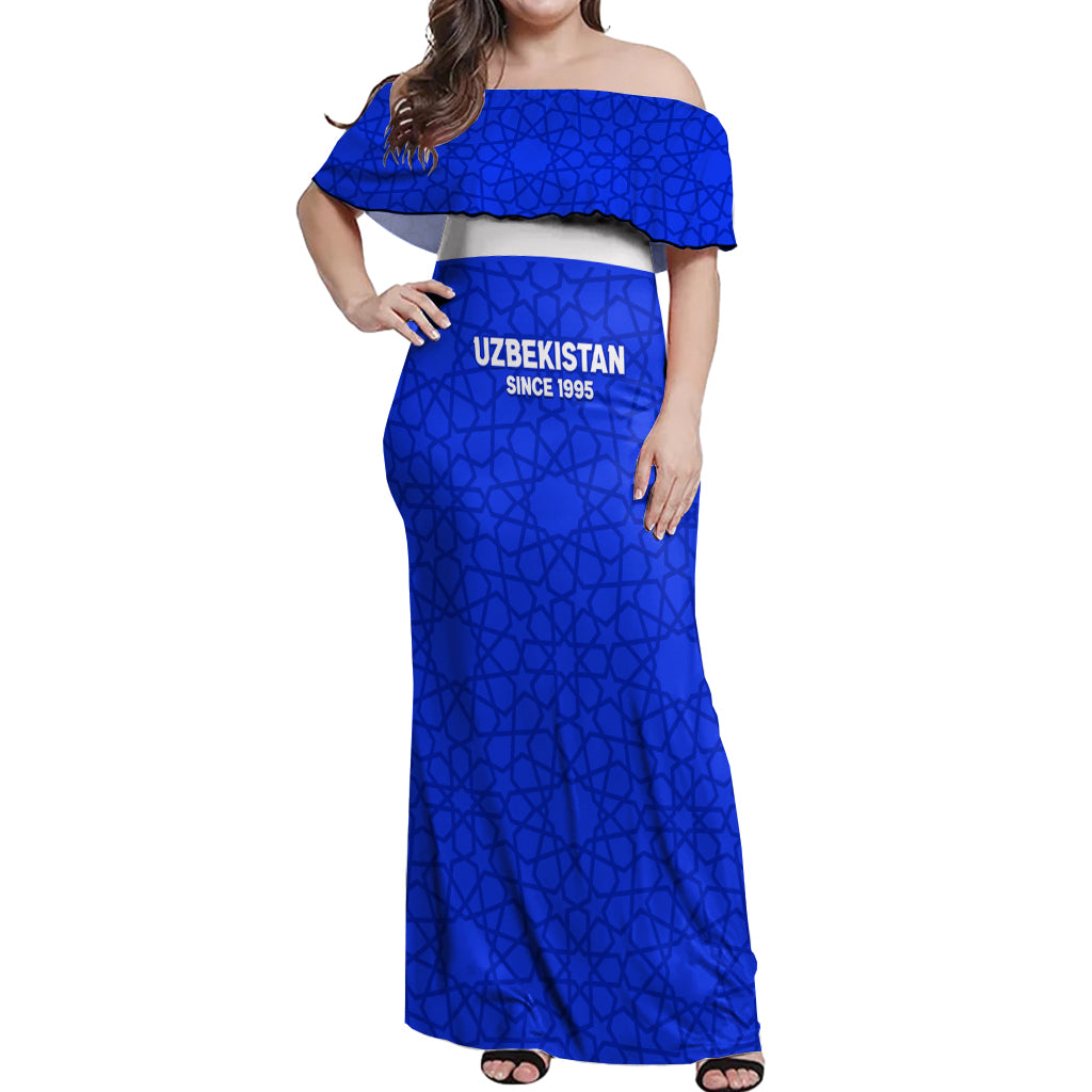 Custom Uzbekistan Football Off Shoulder Maxi Dress 2024 Go Champions Uzbek Pattern - Wonder Print Shop