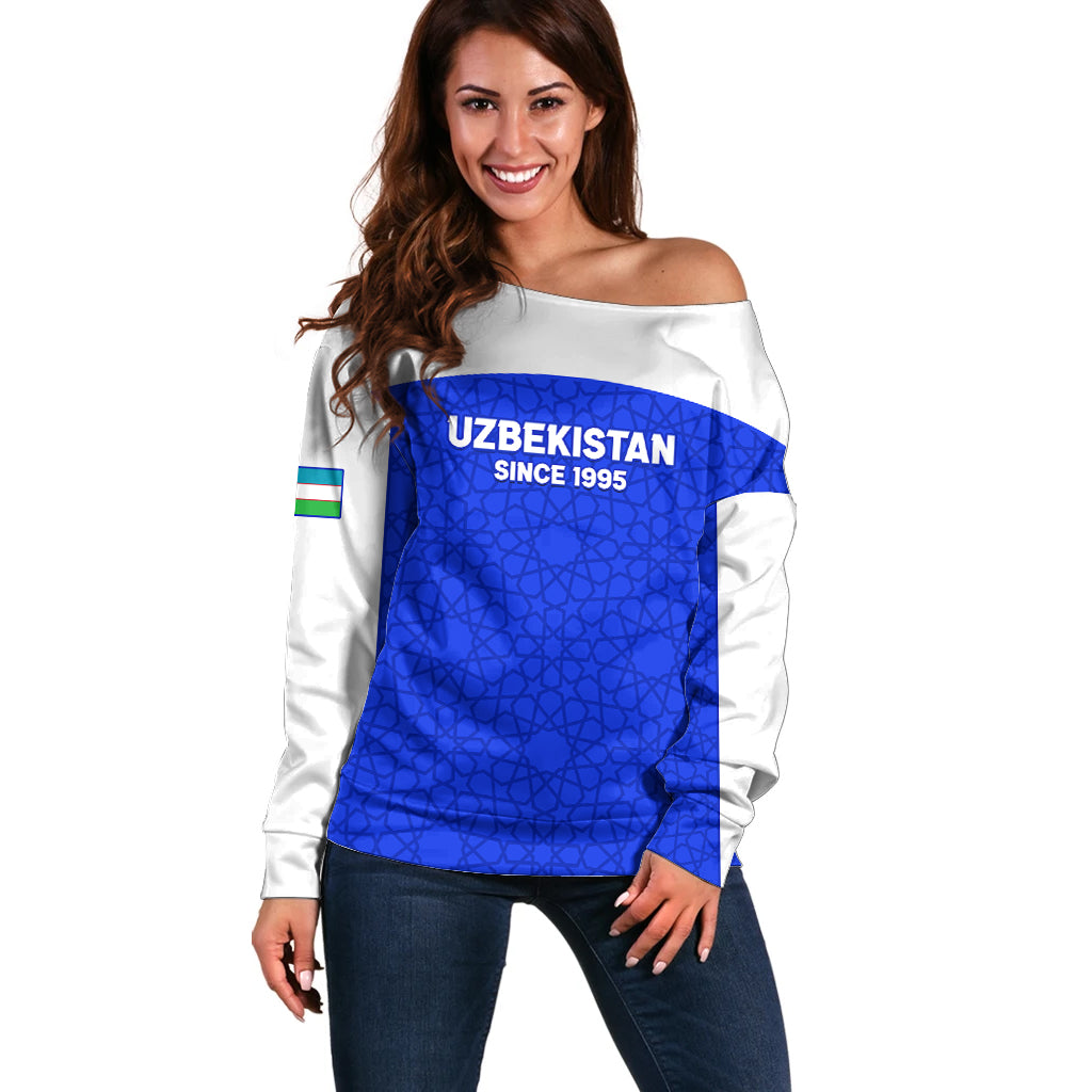 Custom Uzbekistan Football Off Shoulder Sweater 2024 Go Champions Uzbek Pattern - Wonder Print Shop
