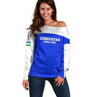 Custom Uzbekistan Football Off Shoulder Sweater 2024 Go Champions Uzbek Pattern - Wonder Print Shop