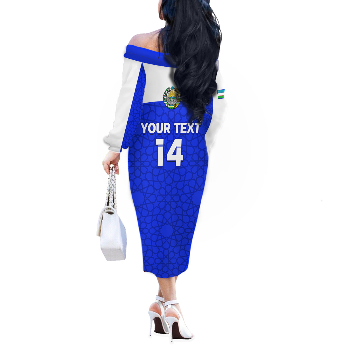 Custom Uzbekistan Football Off The Shoulder Long Sleeve Dress 2024 Go Champions Uzbek Pattern - Wonder Print Shop