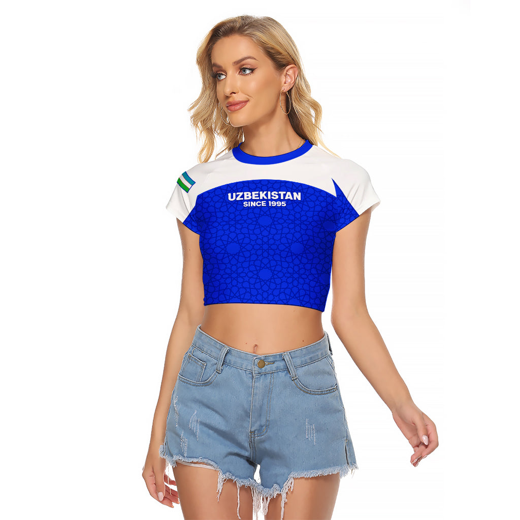 Custom Uzbekistan Football Raglan Cropped T Shirt 2024 Go Champions Uzbek Pattern - Wonder Print Shop