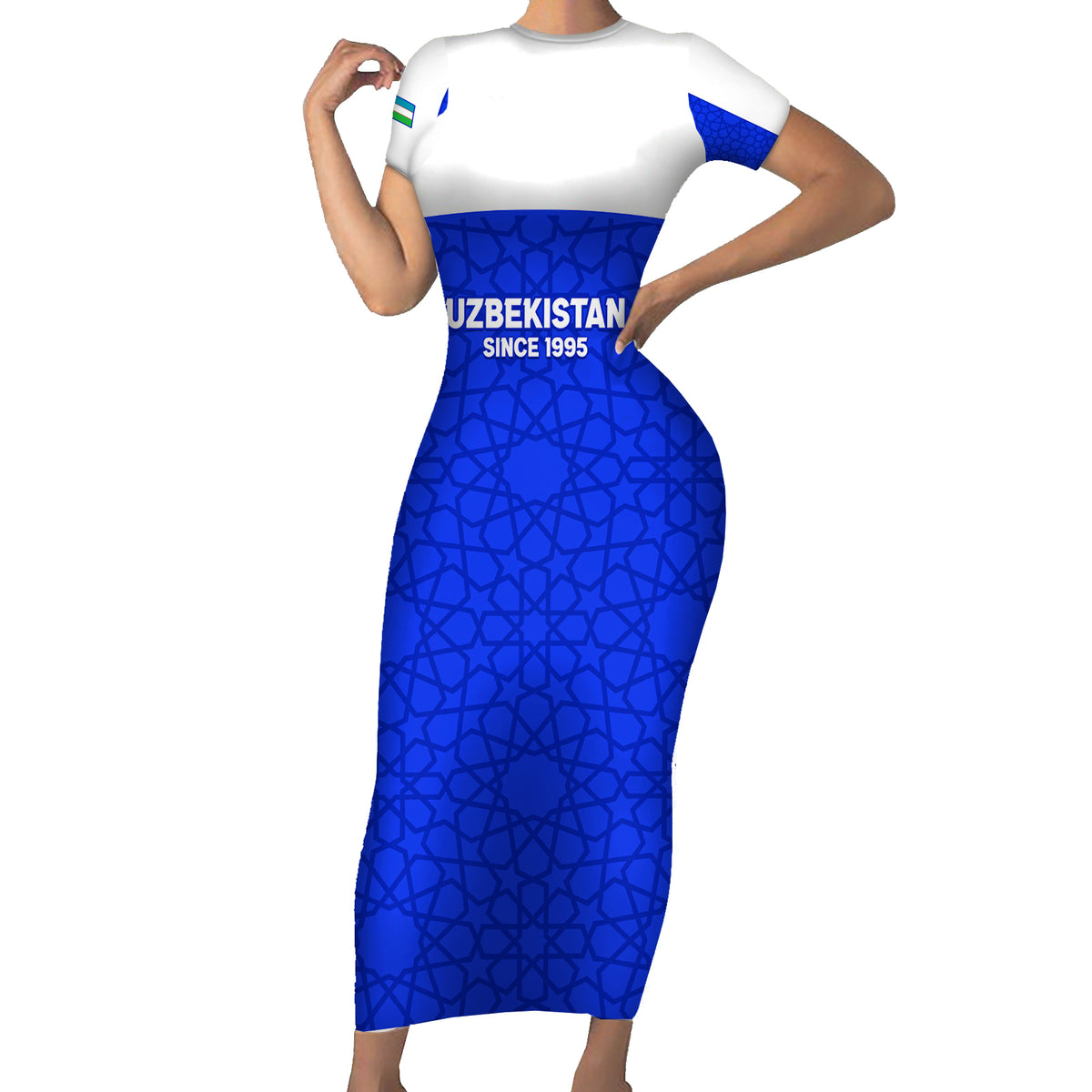 Custom Uzbekistan Football Short Sleeve Bodycon Dress 2024 Go Champions Uzbek Pattern - Wonder Print Shop