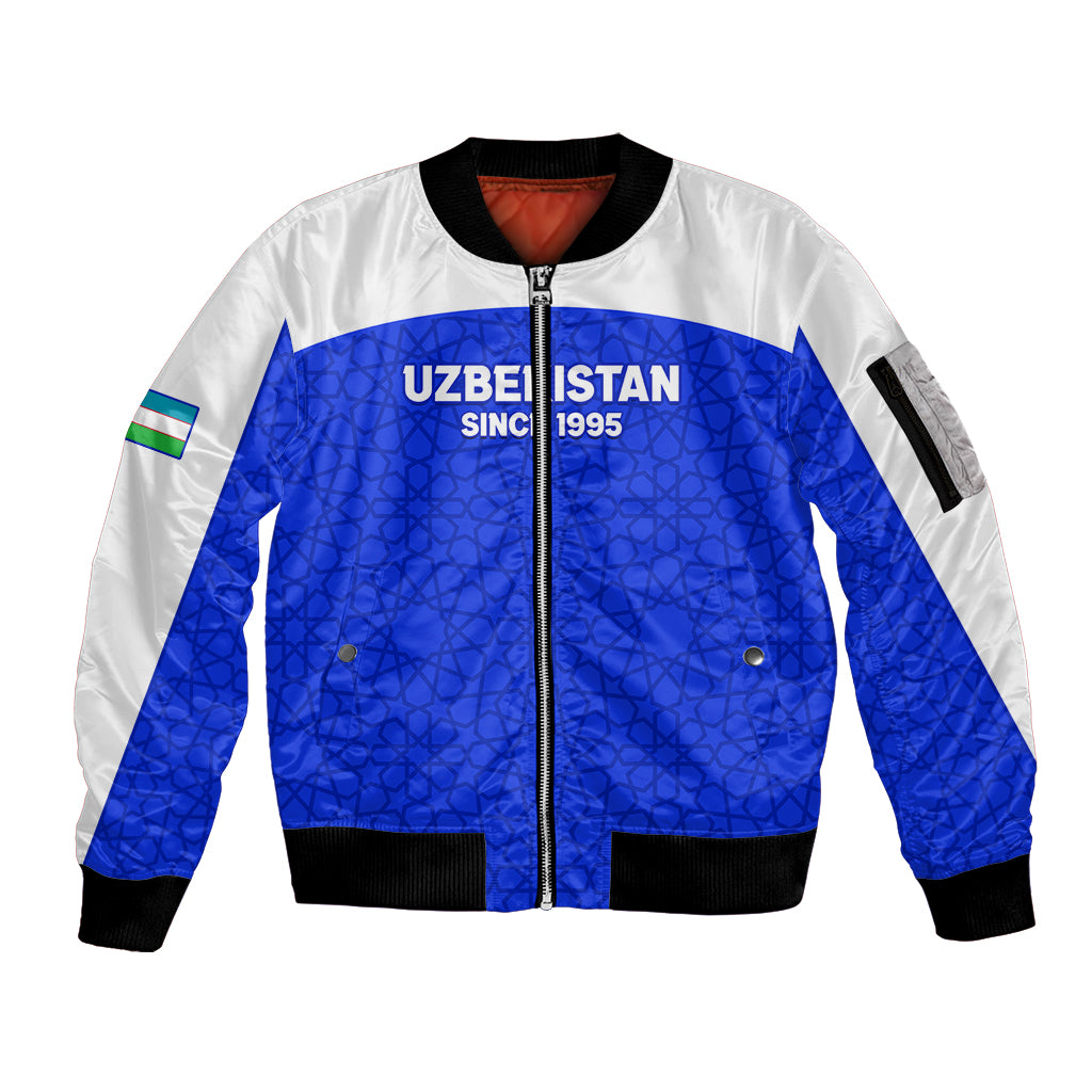 Custom Uzbekistan Football Sleeve Zip Bomber Jacket 2024 Go Champions Uzbek Pattern - Wonder Print Shop