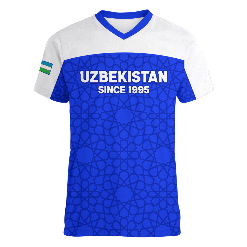 Custom Uzbekistan Football Women V Neck T Shirt 2024 Go Champions Uzbek Pattern - Wonder Print Shop