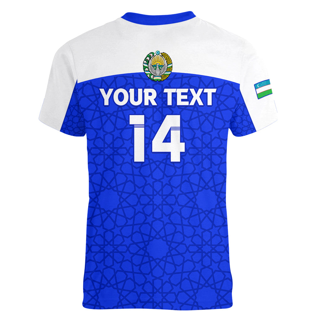 Custom Uzbekistan Football Women V Neck T Shirt 2024 Go Champions Uzbek Pattern - Wonder Print Shop