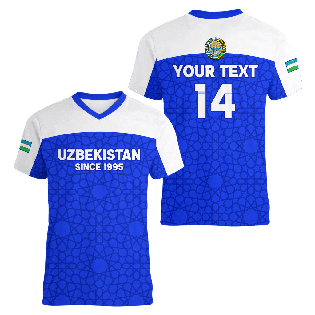 Custom Uzbekistan Football Women V Neck T Shirt 2024 Go Champions Uzbek Pattern - Wonder Print Shop