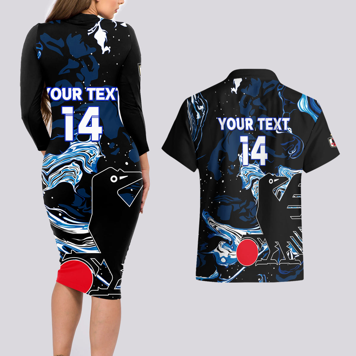 Custom Japan Football Couples Matching Long Sleeve Bodycon Dress and Hawaiian Shirt 2024 Nadeshiko Go Champions - Wonder Print Shop