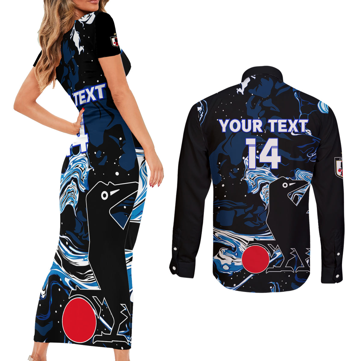 Custom Japan Football Couples Matching Short Sleeve Bodycon Dress and Long Sleeve Button Shirt 2024 Nadeshiko Go Champions - Wonder Print Shop