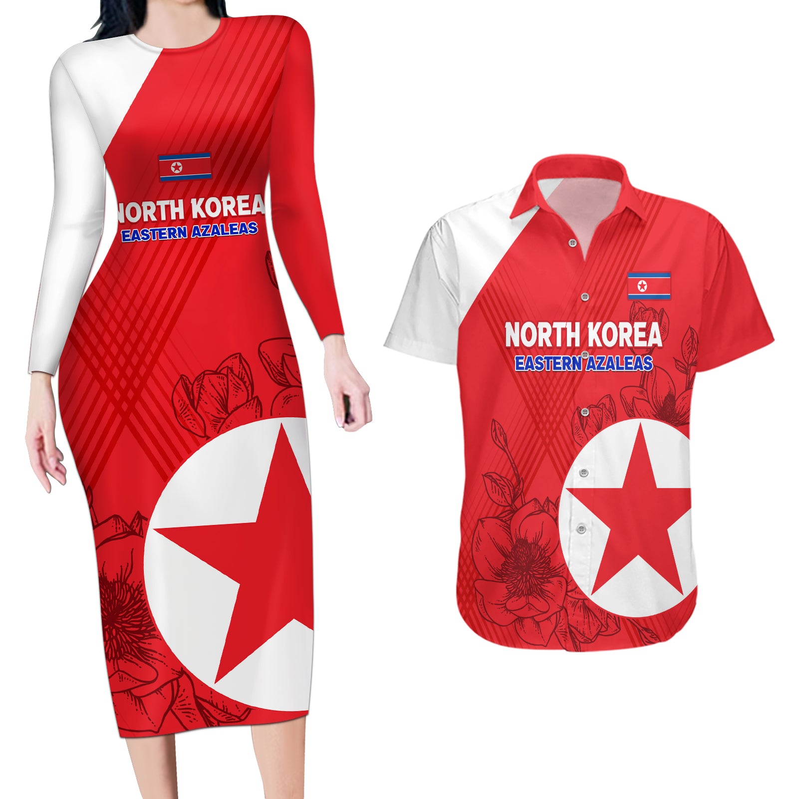 custom-north-korea-football-couples-matching-long-sleeve-bodycon-dress-and-hawaiian-shirt-2024-go-eastern-azaleas-magnolia-flowers