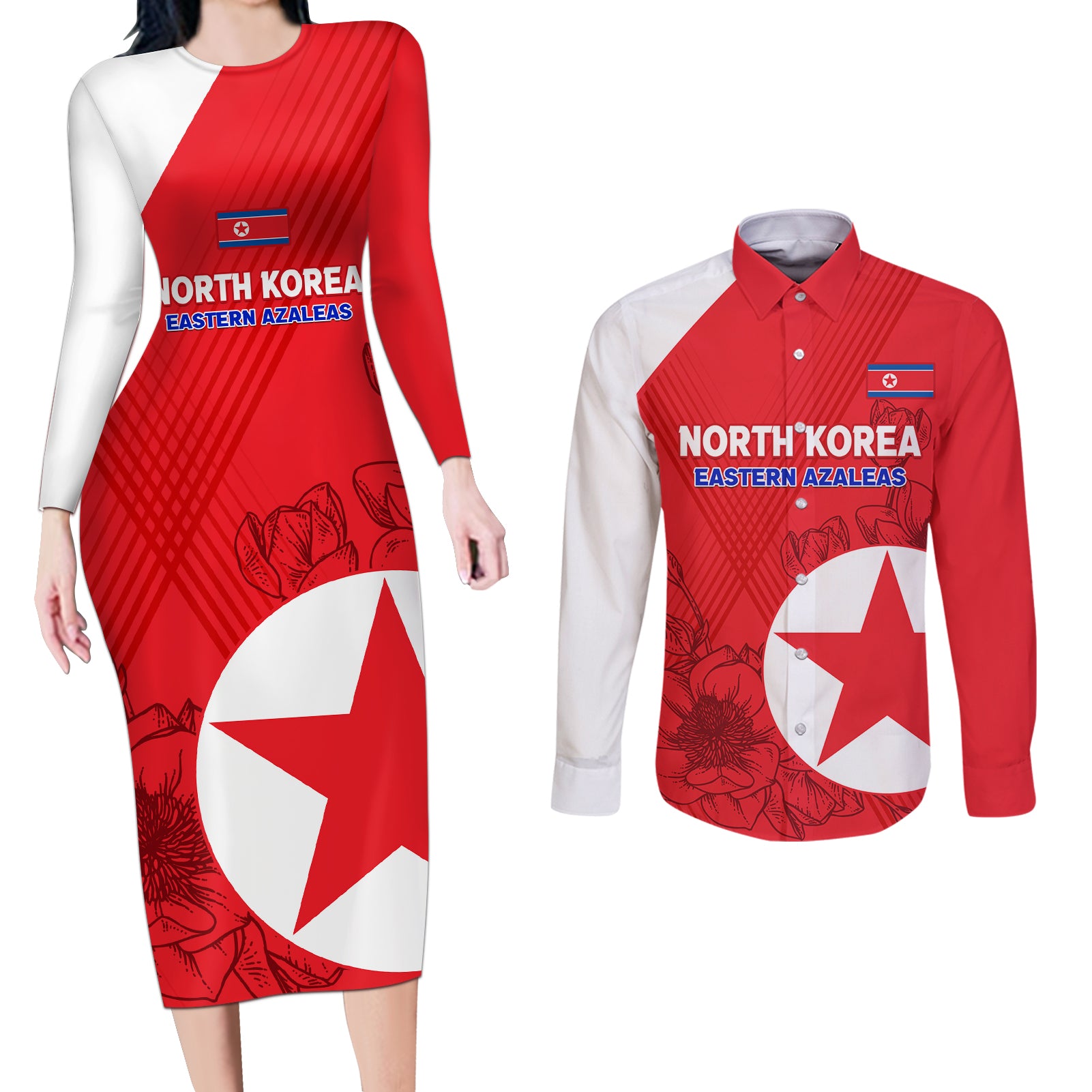 custom-north-korea-football-couples-matching-long-sleeve-bodycon-dress-and-long-sleeve-button-shirt-2024-go-eastern-azaleas-magnolia-flowers