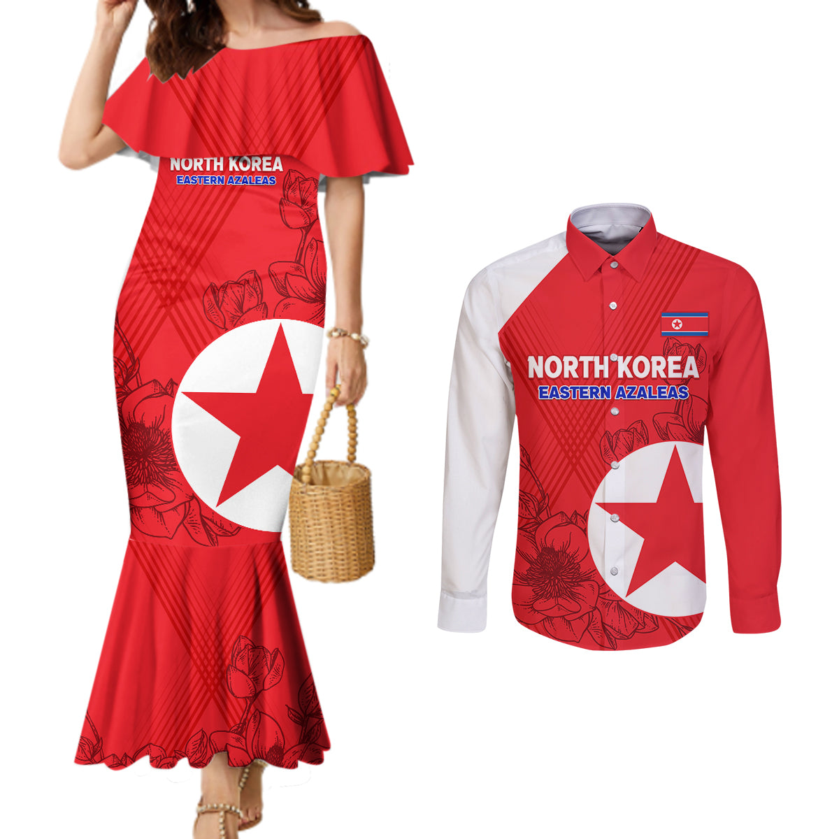 custom-north-korea-football-couples-matching-mermaid-dress-and-long-sleeve-button-shirt-2024-go-eastern-azaleas-magnolia-flowers