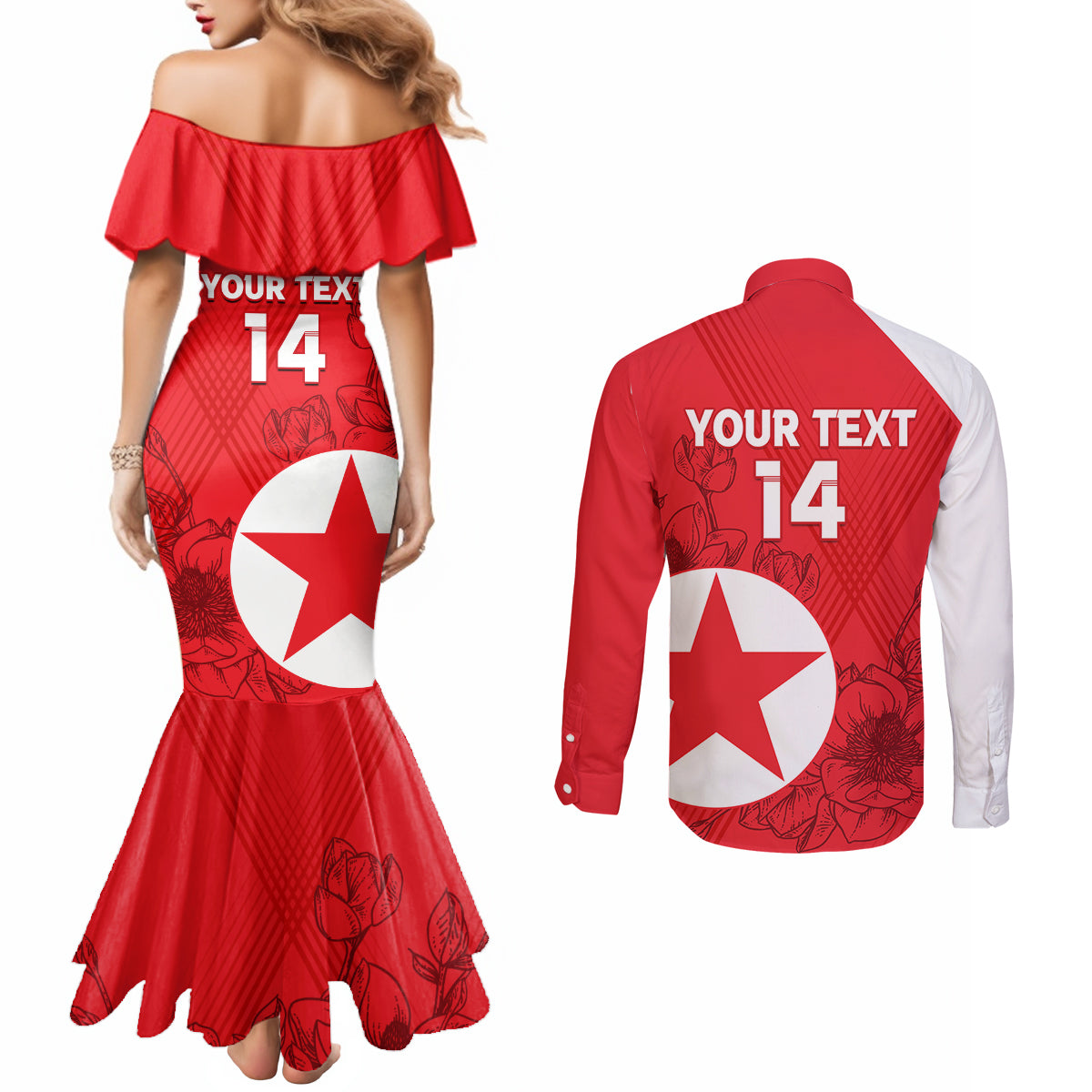 custom-north-korea-football-couples-matching-mermaid-dress-and-long-sleeve-button-shirt-2024-go-eastern-azaleas-magnolia-flowers