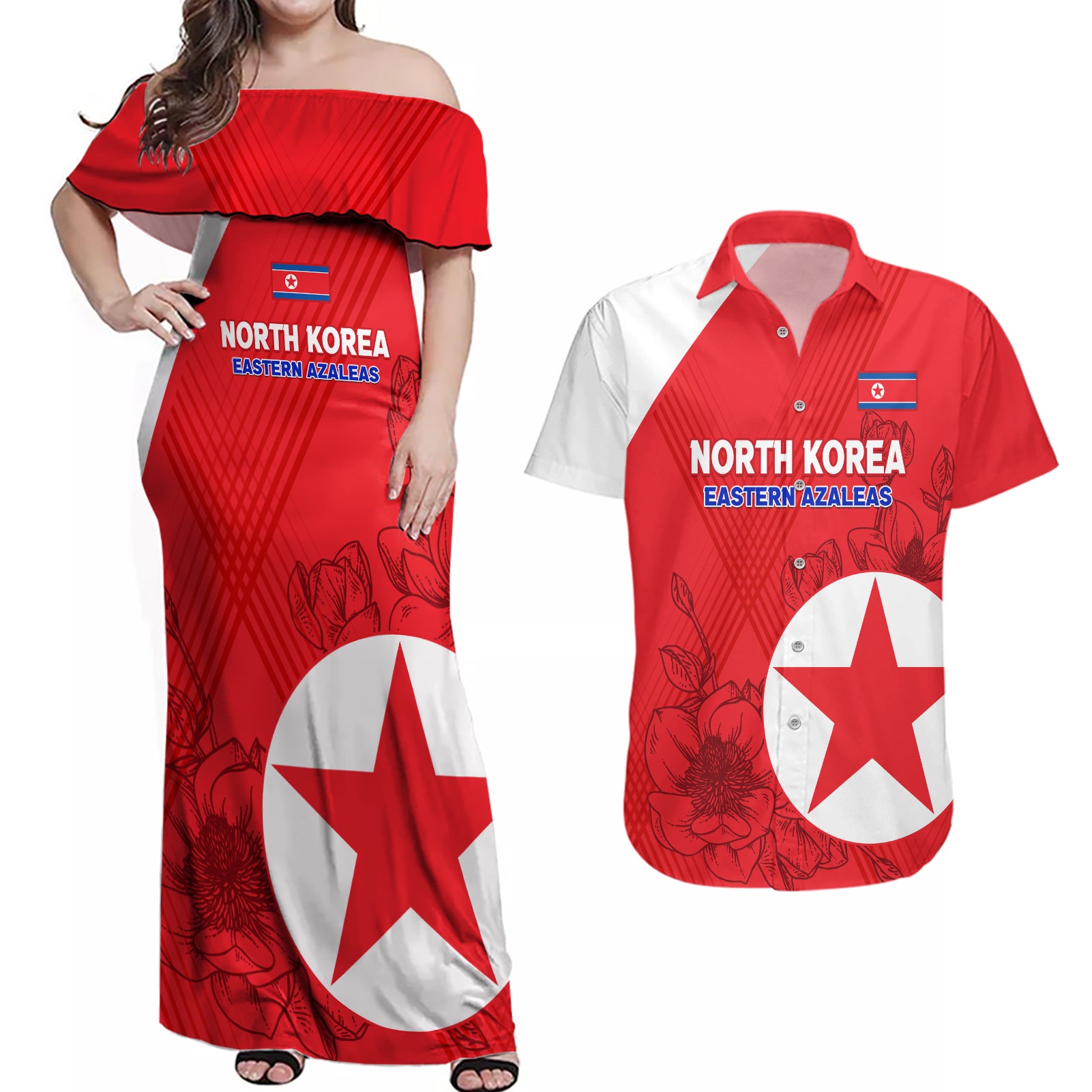 custom-north-korea-football-couples-matching-off-shoulder-maxi-dress-and-hawaiian-shirt-2024-go-eastern-azaleas-magnolia-flowers