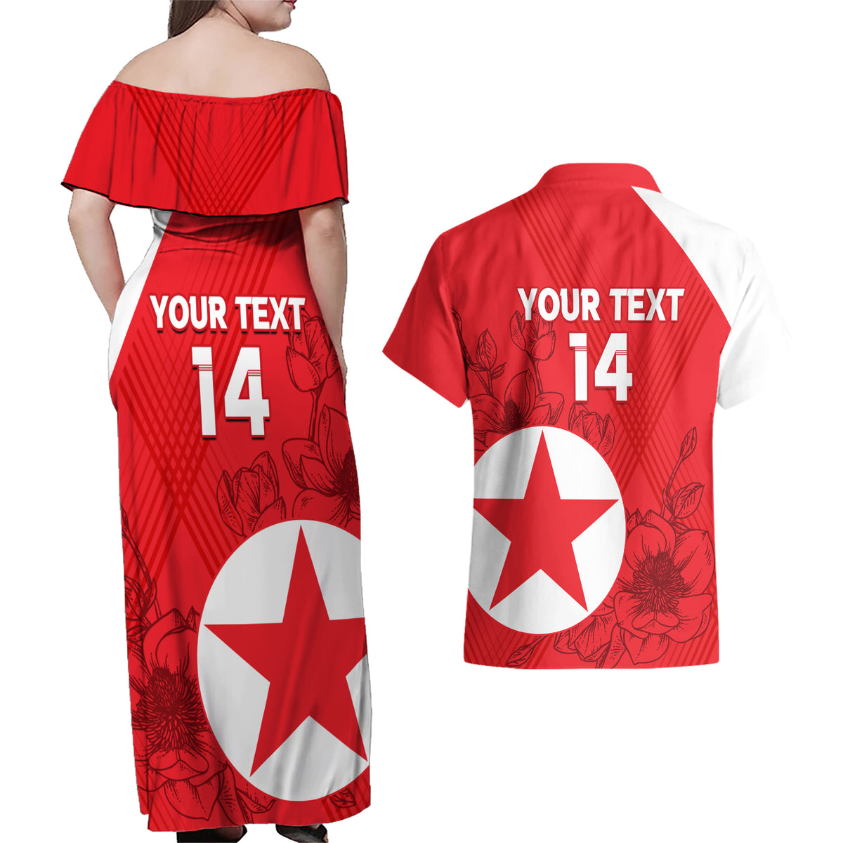 Custom North Korea Football Couples Matching Off Shoulder Maxi Dress and Hawaiian Shirt 2024 Go Eastern Azaleas Magnolia Flowers - Wonder Print Shop