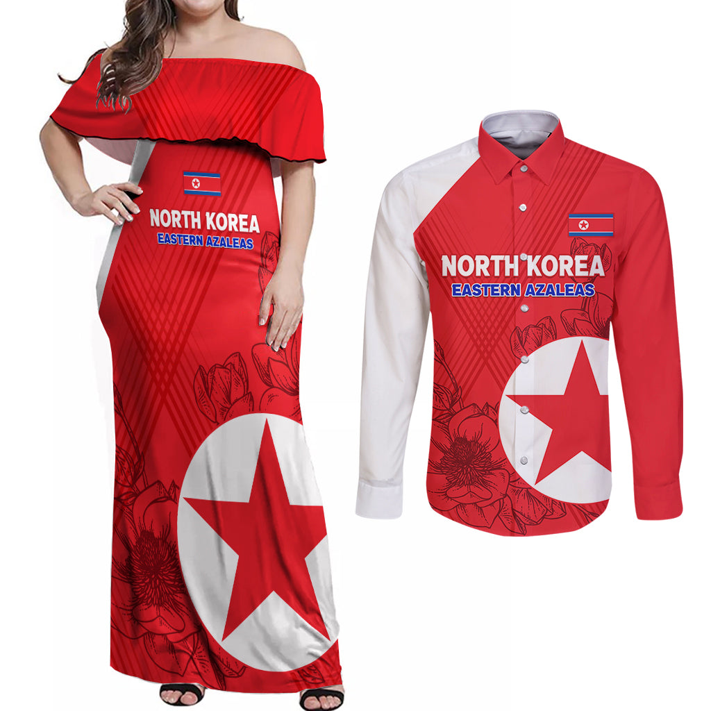custom-north-korea-football-couples-matching-off-shoulder-maxi-dress-and-long-sleeve-button-shirt-2024-go-eastern-azaleas-magnolia-flowers