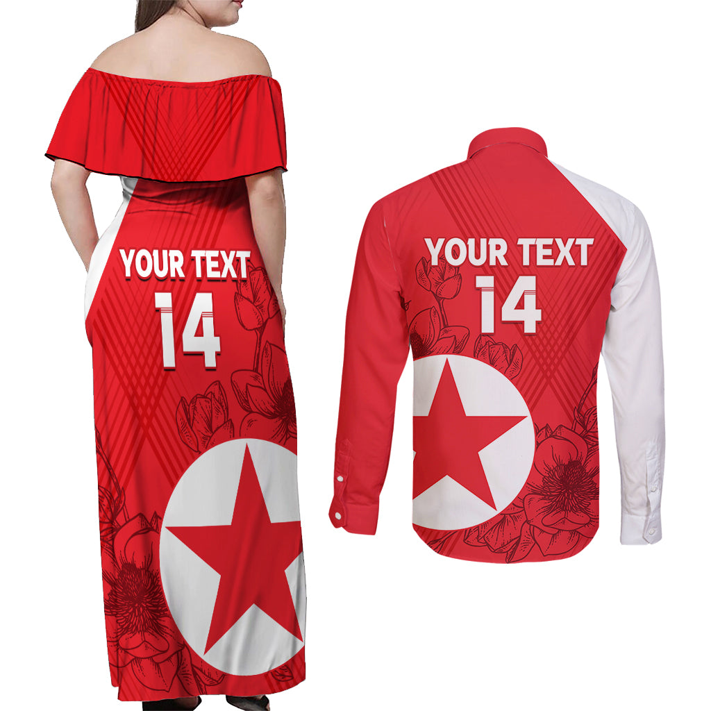 Custom North Korea Football Couples Matching Off Shoulder Maxi Dress and Long Sleeve Button Shirt 2024 Go Eastern Azaleas Magnolia Flowers - Wonder Print Shop