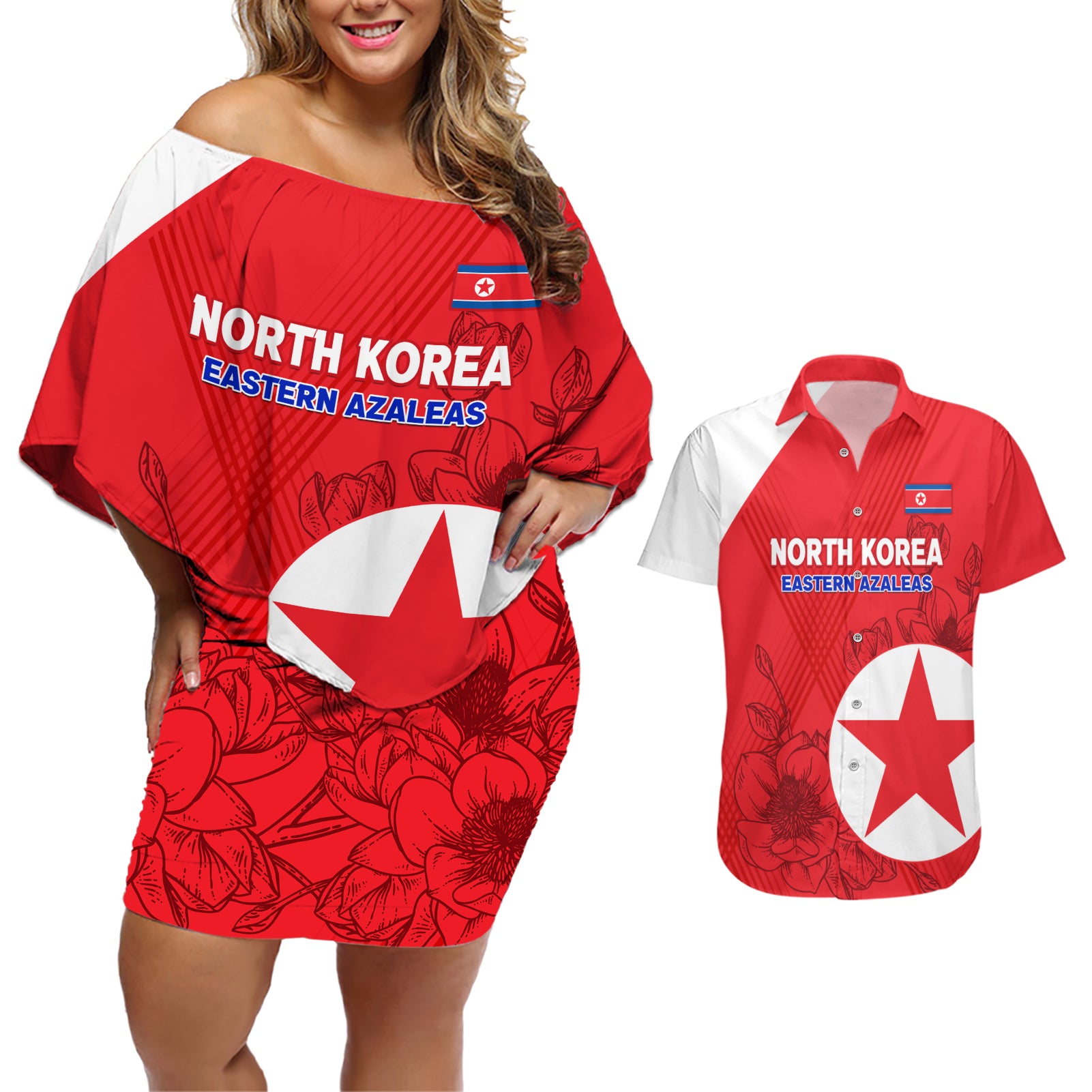 custom-north-korea-football-couples-matching-off-shoulder-short-dress-and-hawaiian-shirt-2024-go-eastern-azaleas-magnolia-flowers