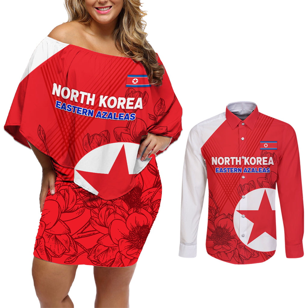 custom-north-korea-football-couples-matching-off-shoulder-short-dress-and-long-sleeve-button-shirt-2024-go-eastern-azaleas-magnolia-flowers
