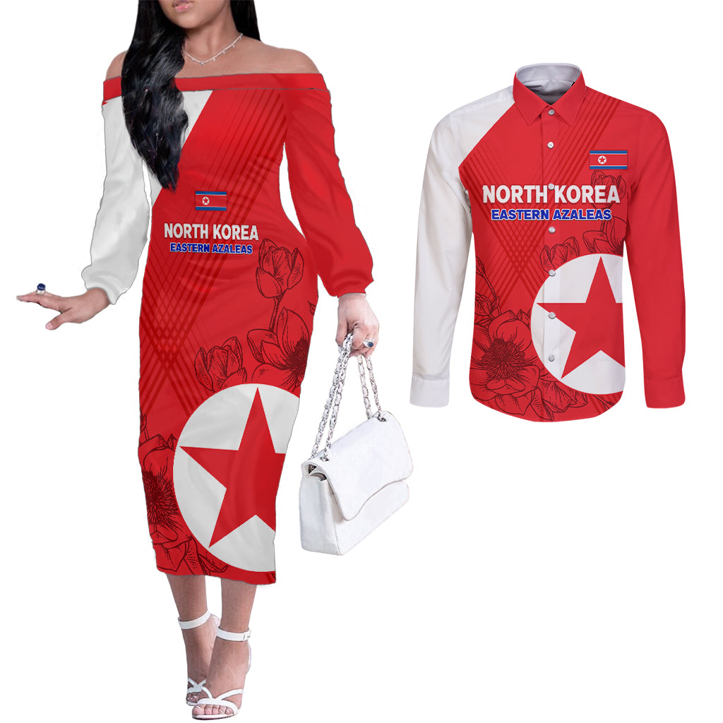 custom-north-korea-football-couples-matching-off-the-shoulder-long-sleeve-dress-and-long-sleeve-button-shirt-2024-go-eastern-azaleas-magnolia-flowers