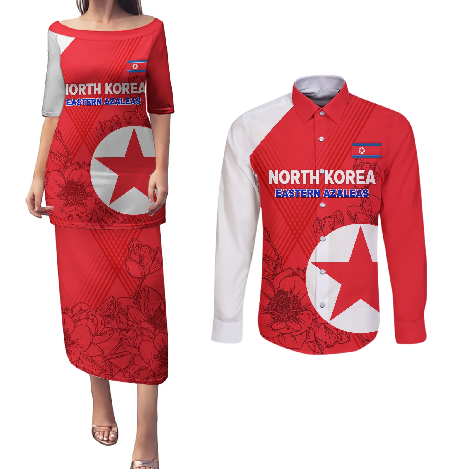 custom-north-korea-football-couples-matching-puletasi-and-long-sleeve-button-shirt-2024-go-eastern-azaleas-magnolia-flowers