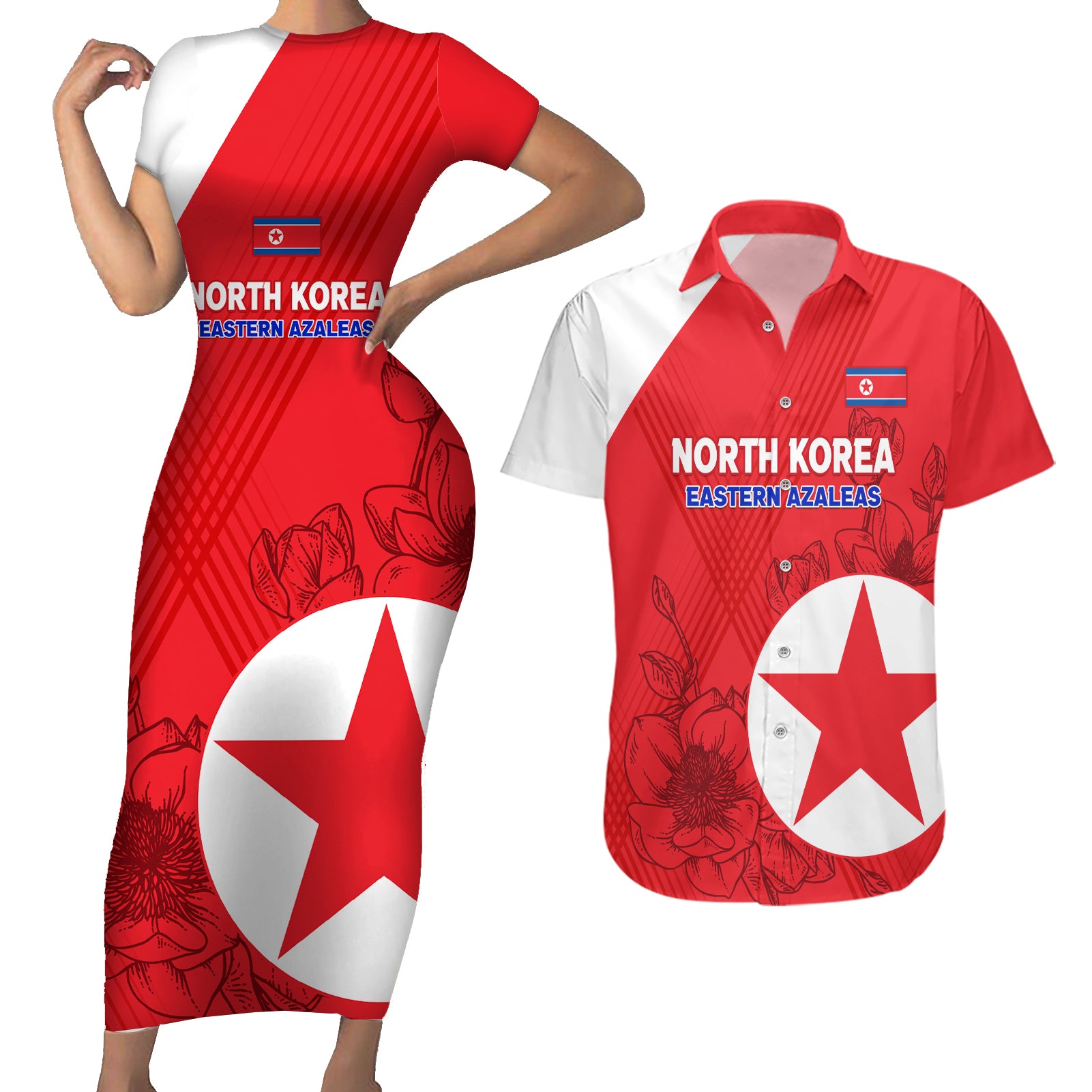 custom-north-korea-football-couples-matching-short-sleeve-bodycon-dress-and-hawaiian-shirt-2024-go-eastern-azaleas-magnolia-flowers