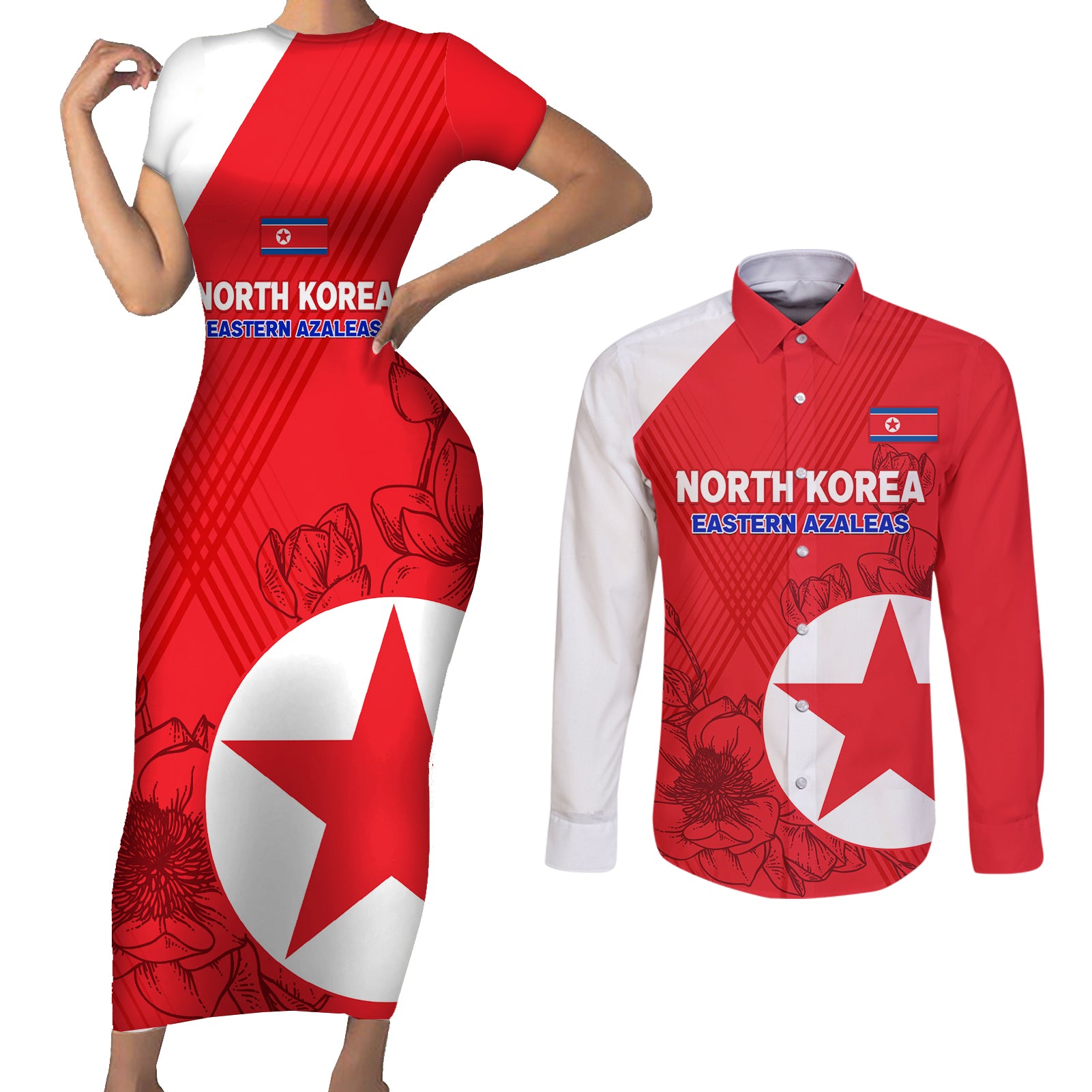 custom-north-korea-football-couples-matching-short-sleeve-bodycon-dress-and-long-sleeve-button-shirt-2024-go-eastern-azaleas-magnolia-flowers