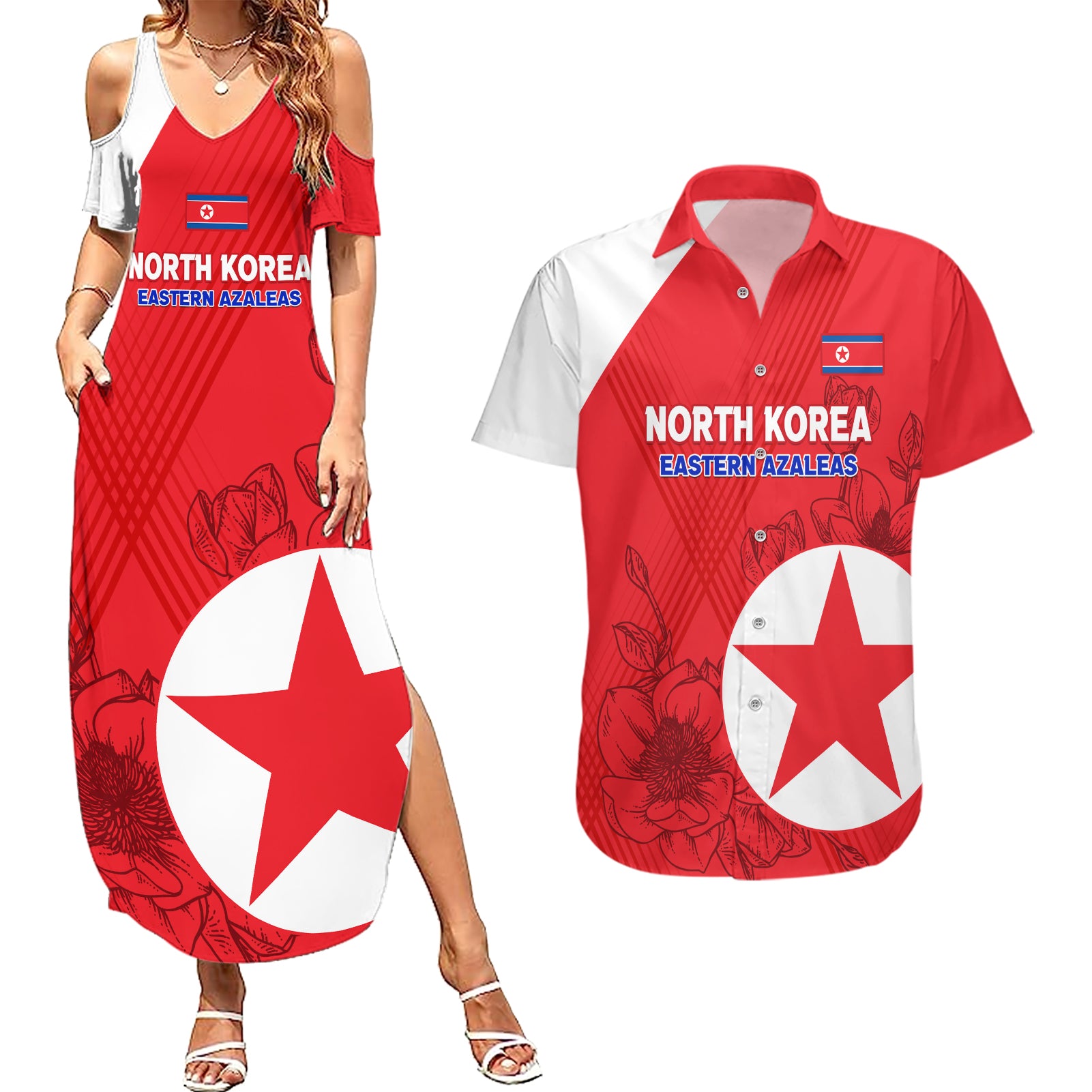 custom-north-korea-football-couples-matching-summer-maxi-dress-and-hawaiian-shirt-2024-go-eastern-azaleas-magnolia-flowers
