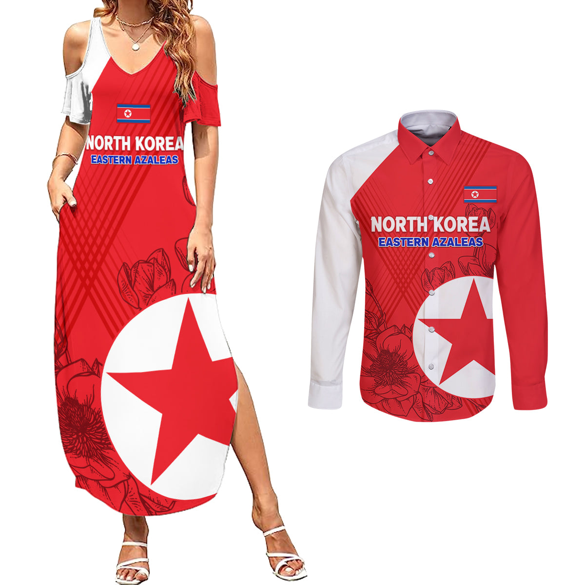 custom-north-korea-football-couples-matching-summer-maxi-dress-and-long-sleeve-button-shirt-2024-go-eastern-azaleas-magnolia-flowers