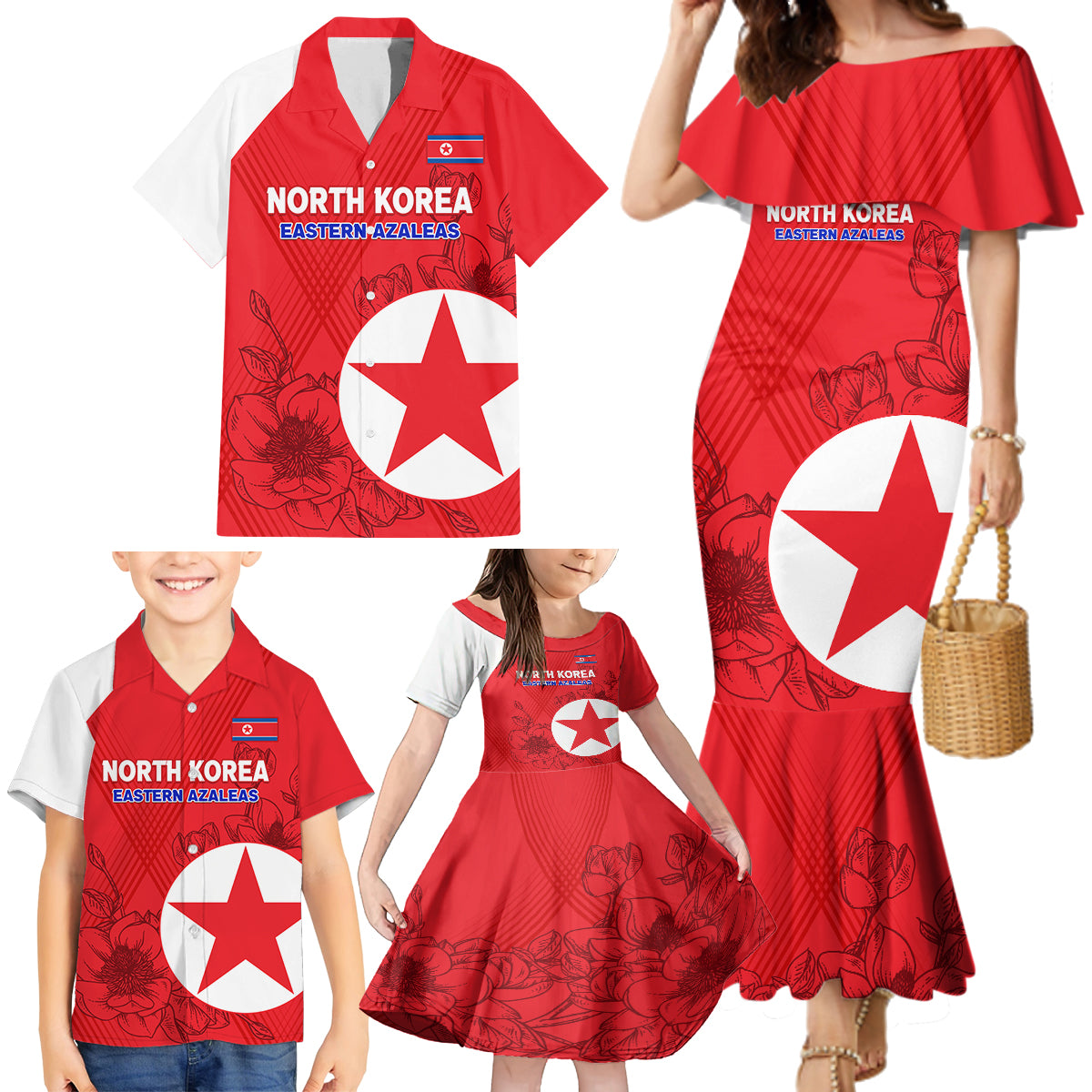 custom-north-korea-football-family-matching-mermaid-dress-and-hawaiian-shirt-2024-go-eastern-azaleas-magnolia-flowers