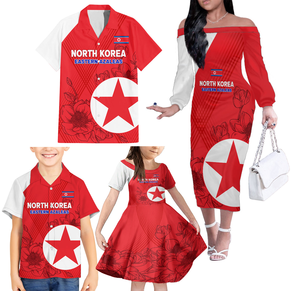 custom-north-korea-football-family-matching-off-shoulder-long-sleeve-dress-and-hawaiian-shirt-2024-go-eastern-azaleas-magnolia-flowers