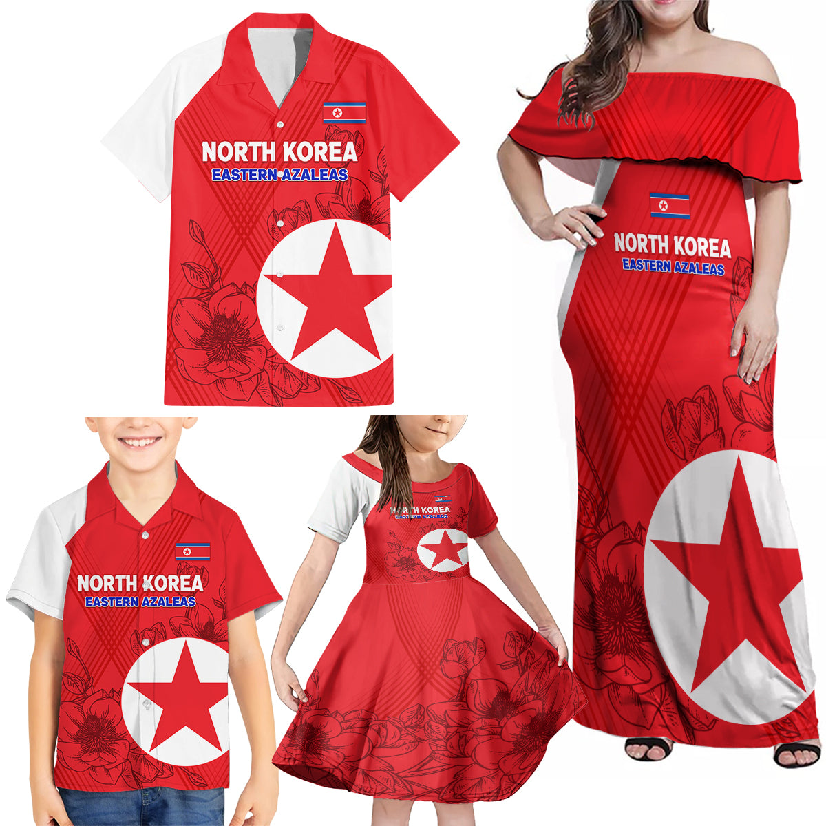 custom-north-korea-football-family-matching-off-shoulder-maxi-dress-and-hawaiian-shirt-2024-go-eastern-azaleas-magnolia-flowers
