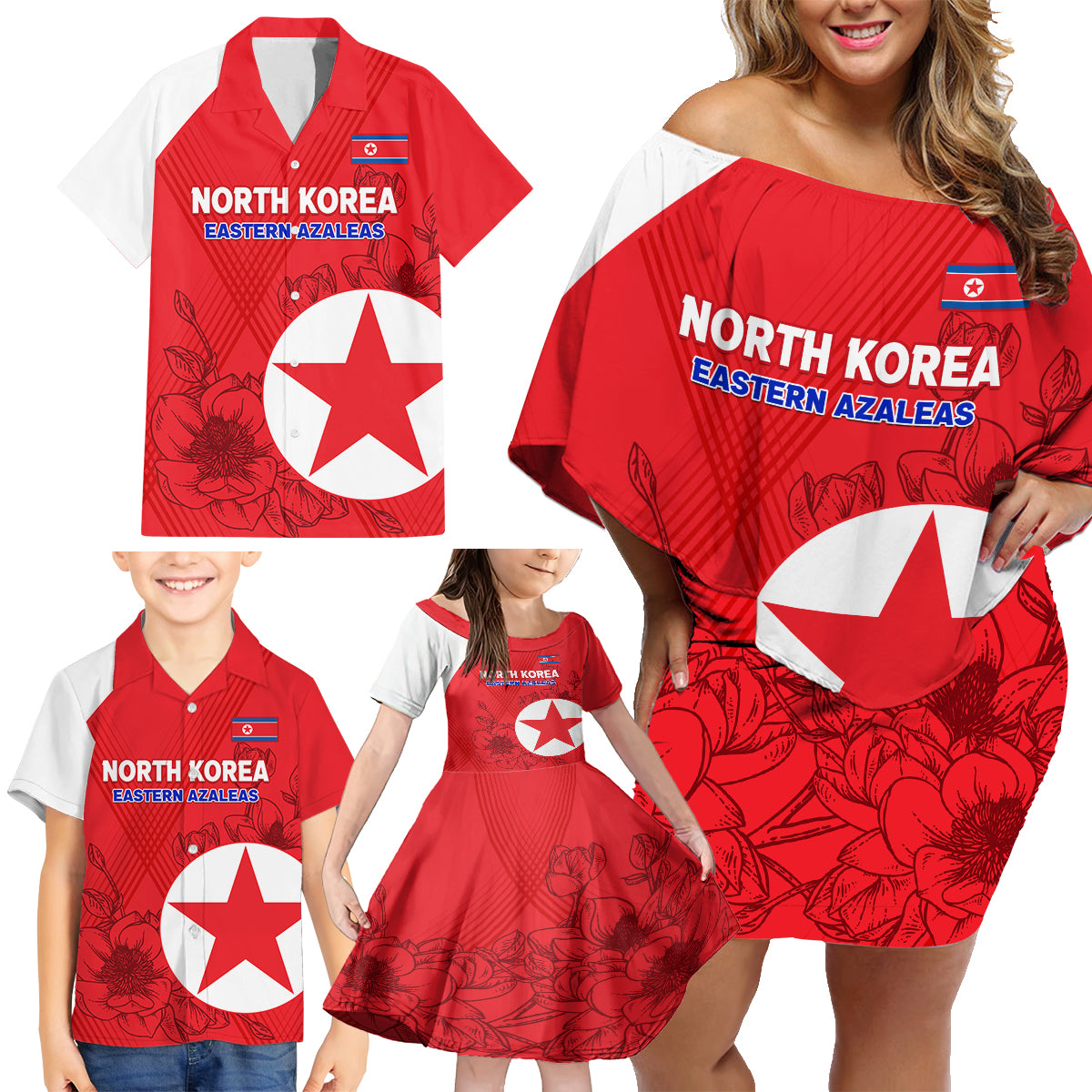 custom-north-korea-football-family-matching-off-shoulder-short-dress-and-hawaiian-shirt-2024-go-eastern-azaleas-magnolia-flowers