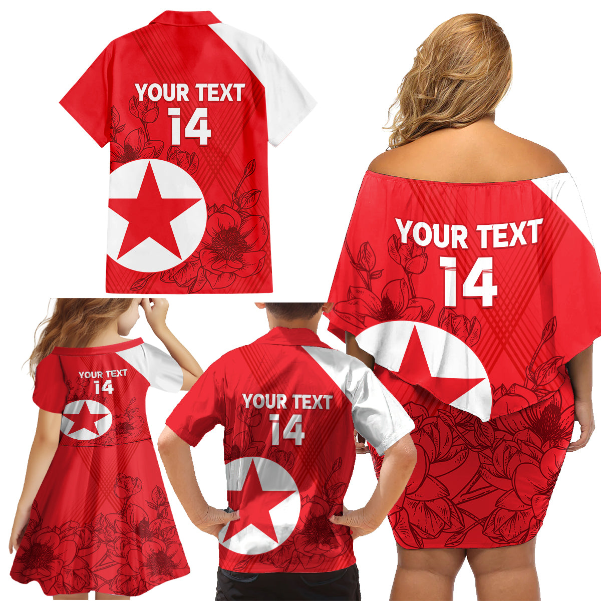 Custom North Korea Football Family Matching Off Shoulder Short Dress and Hawaiian Shirt 2024 Go Eastern Azaleas Magnolia Flowers - Wonder Print Shop
