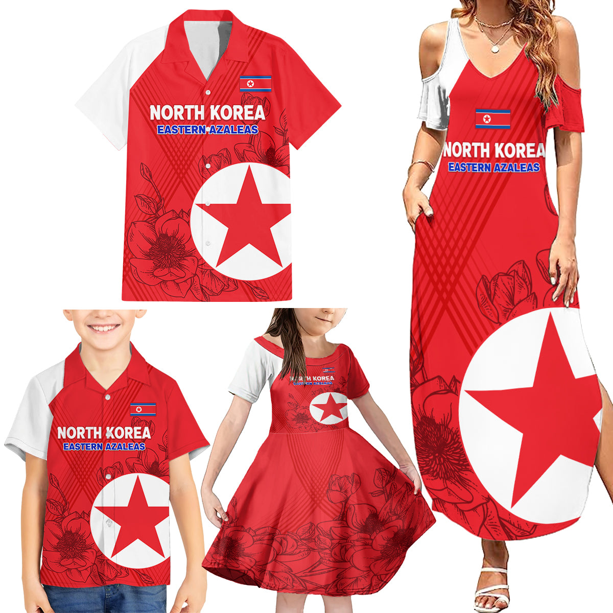 custom-north-korea-football-family-matching-summer-maxi-dress-and-hawaiian-shirt-2024-go-eastern-azaleas-magnolia-flowers
