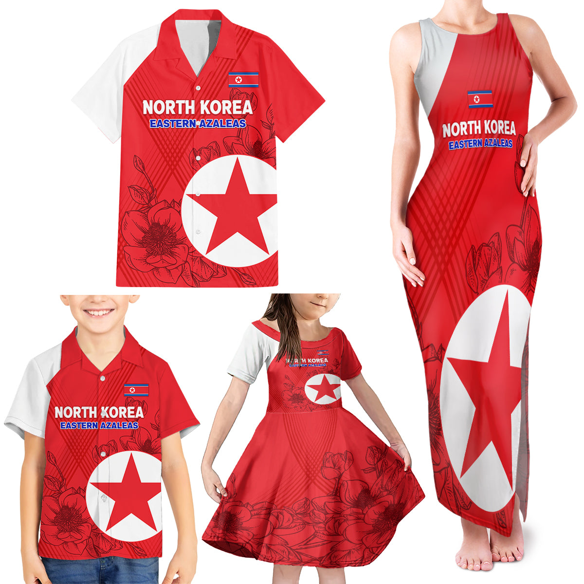 custom-north-korea-football-family-matching-tank-maxi-dress-and-hawaiian-shirt-2024-go-eastern-azaleas-magnolia-flowers