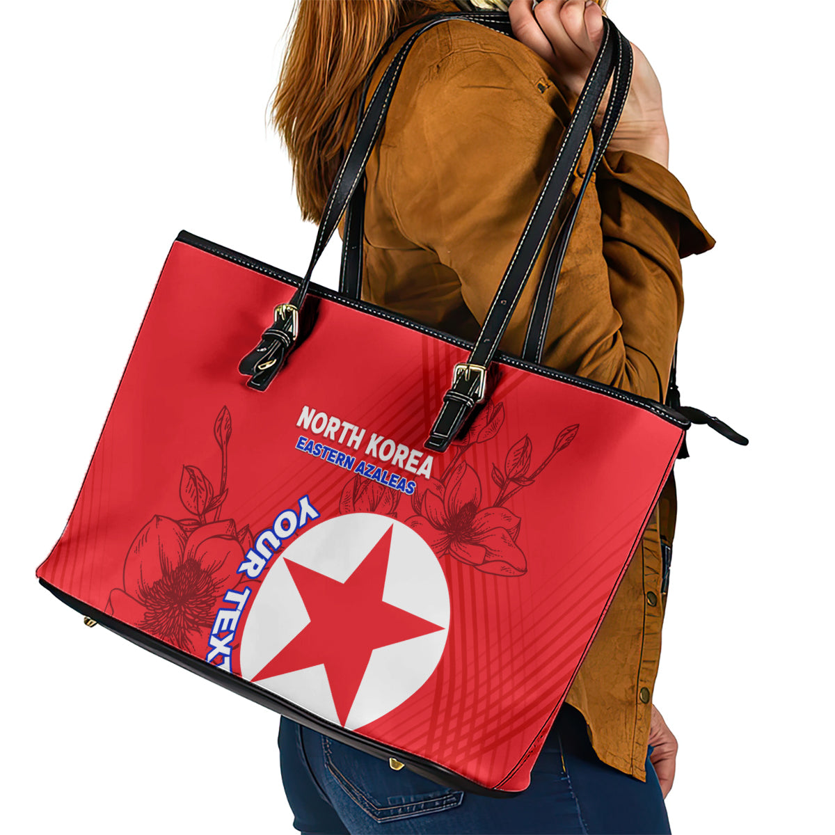 Custom North Korea Football Leather Tote Bag 2024 Go Eastern Azaleas Magnolia Flowers - Wonder Print Shop