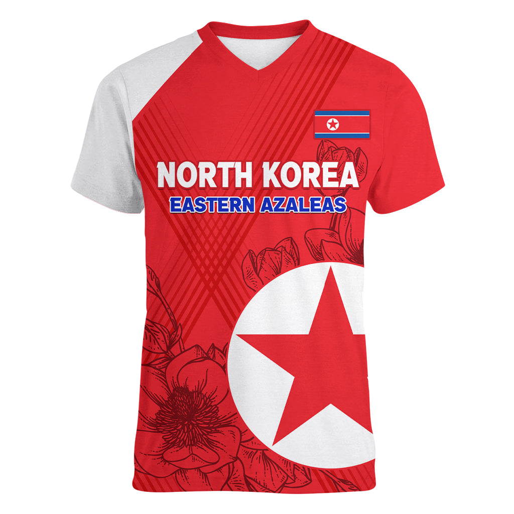 Custom North Korea Football Women V Neck T Shirt 2024 Go Eastern Azaleas Magnolia Flowers - Wonder Print Shop