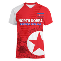 Custom North Korea Football Women V Neck T Shirt 2024 Go Eastern Azaleas Magnolia Flowers - Wonder Print Shop