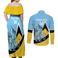 Custom Saint Lucia Cricket Couples Matching Off Shoulder Maxi Dress and Long Sleeve Button Shirt Go Champions - National Color