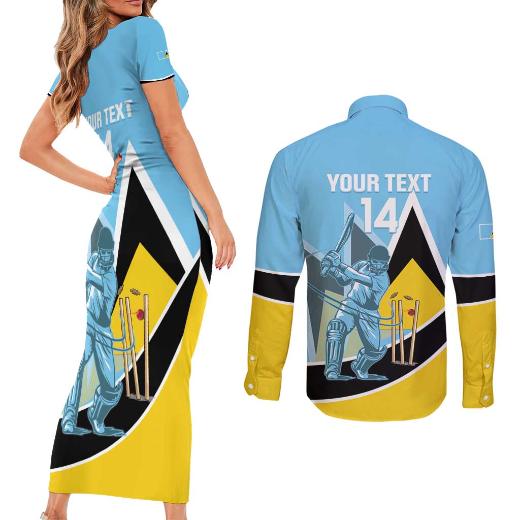 Custom Saint Lucia Cricket Couples Matching Short Sleeve Bodycon Dress and Long Sleeve Button Shirt Go Champions - National Color