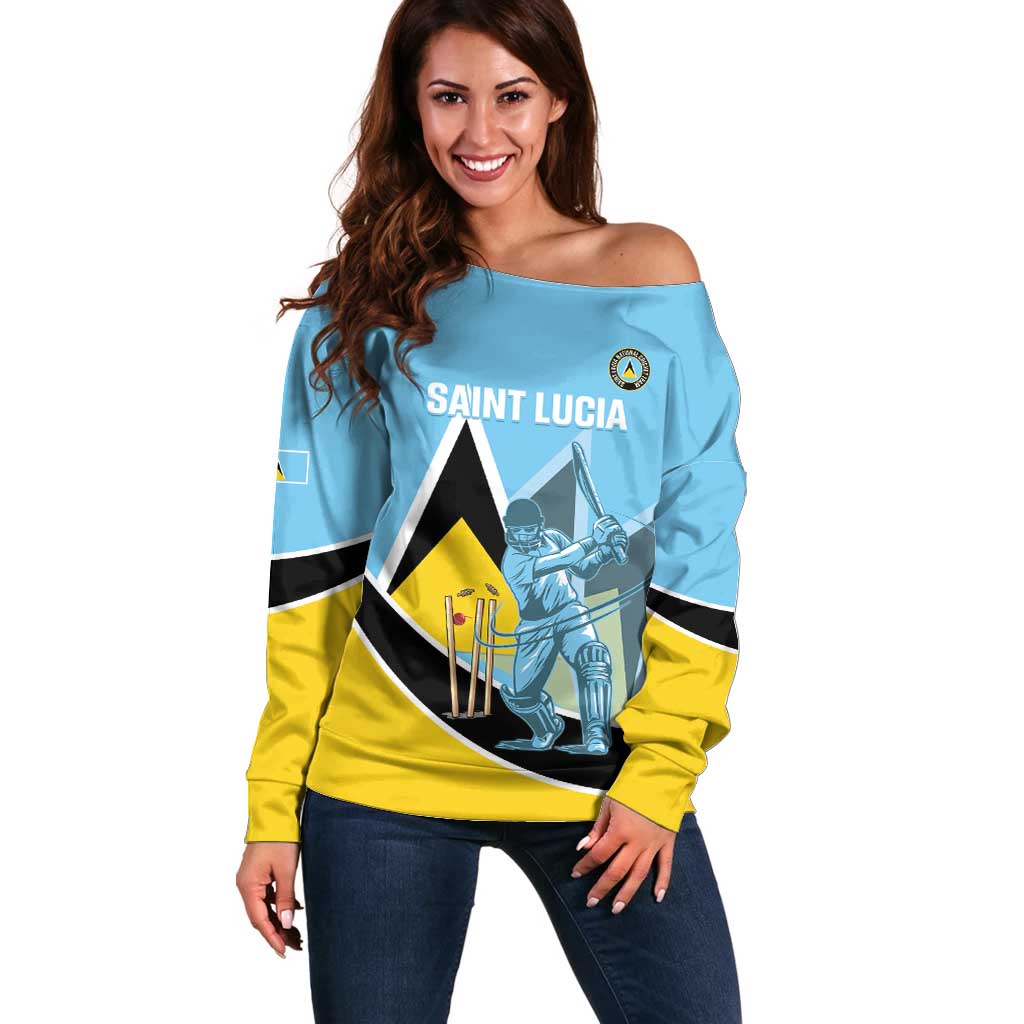 Custom Saint Lucia Cricket Off Shoulder Sweater Go Champions - National Color - Wonder Print Shop