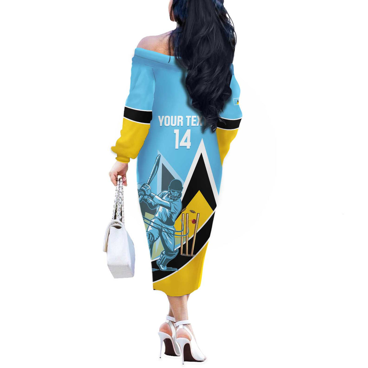 Custom Saint Lucia Cricket Off The Shoulder Long Sleeve Dress Go Champions - National Color - Wonder Print Shop